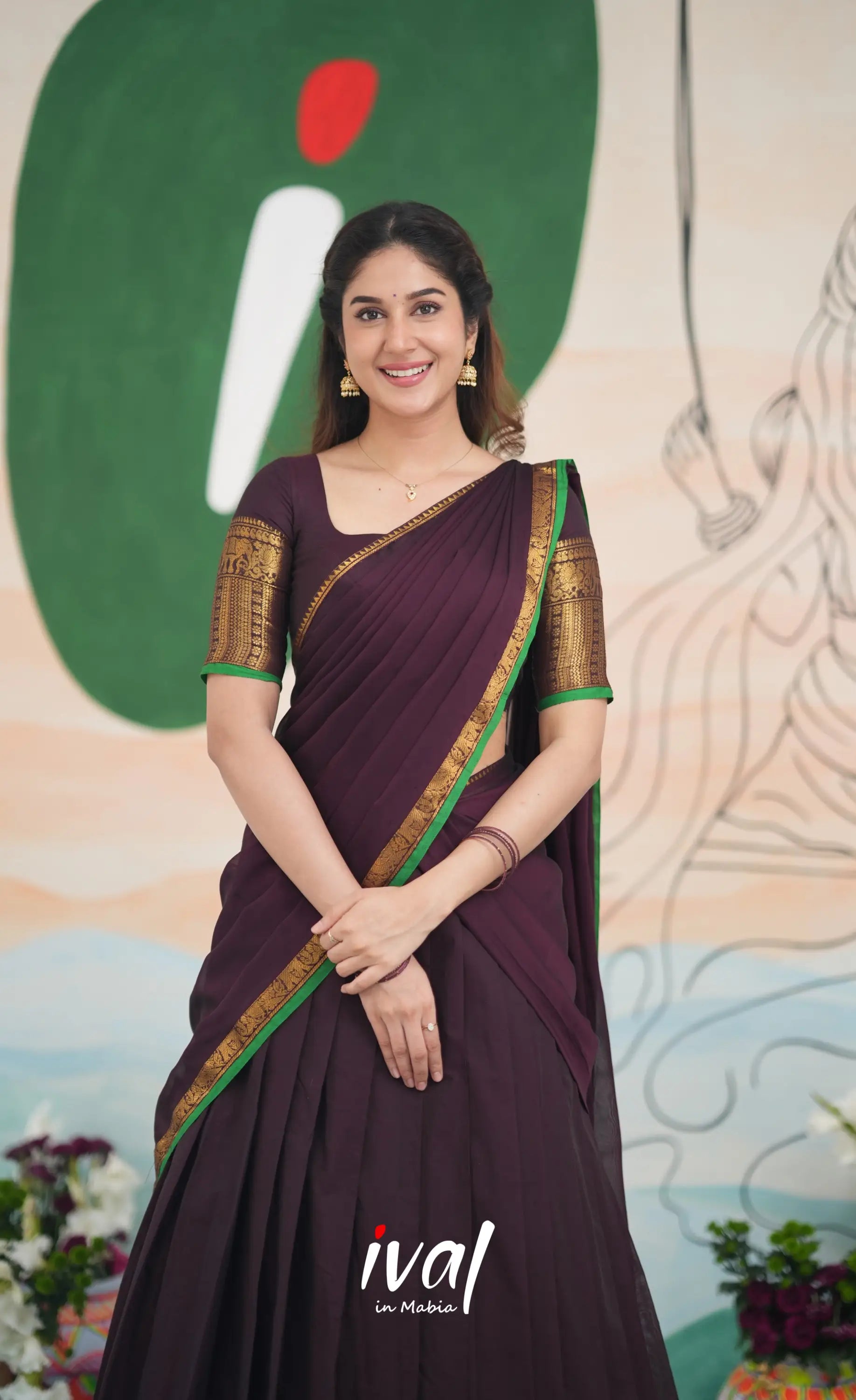 Padmaja Cotton Half Saree - Dark Plum and Leaf Green Half Sarees