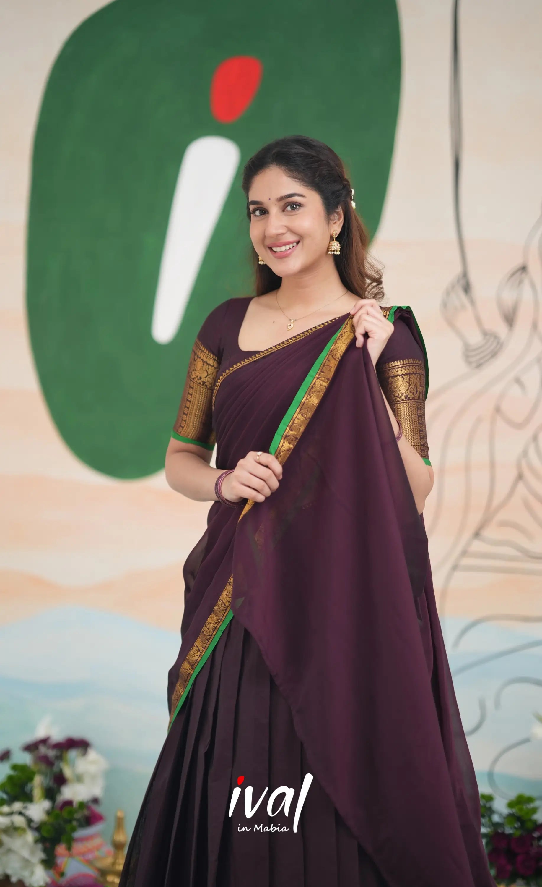 Padmaja Cotton Half Saree - Dark Plum and Leaf Green Half Sarees