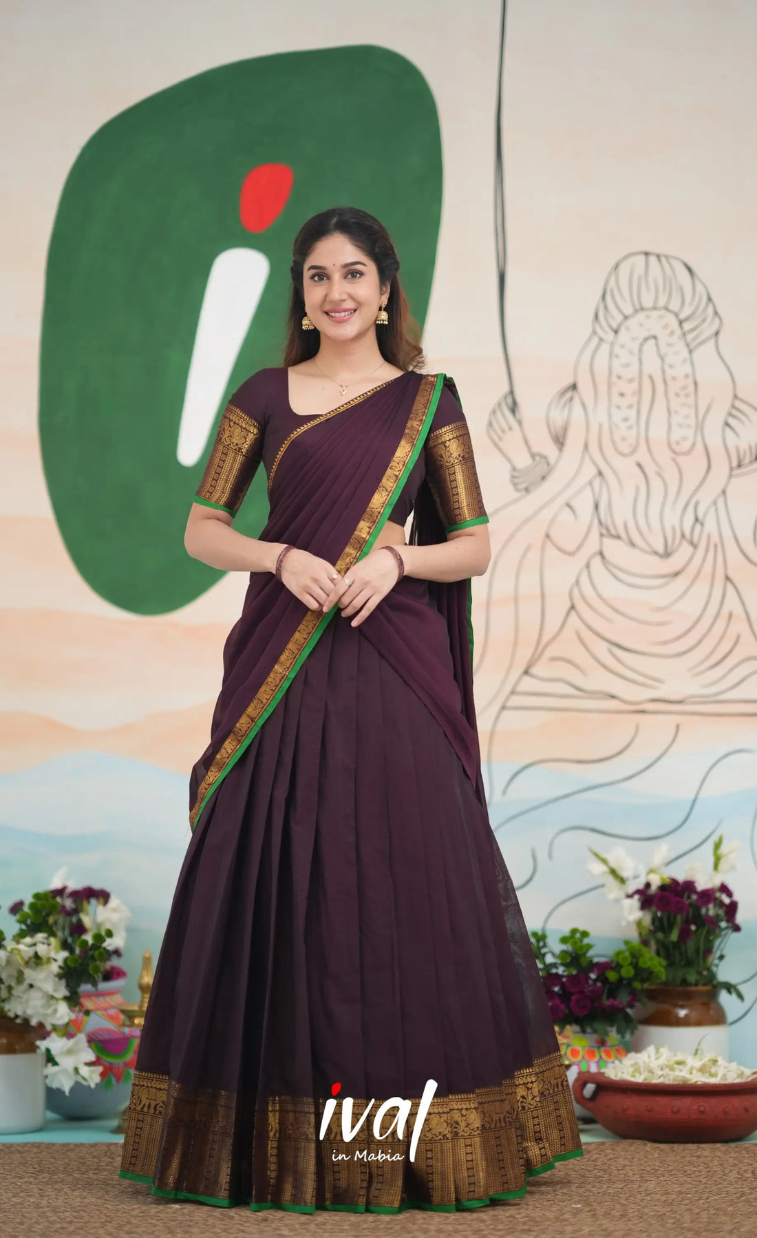 Padmaja Cotton Half Saree - Dark Plum and Leaf Green Half Sarees