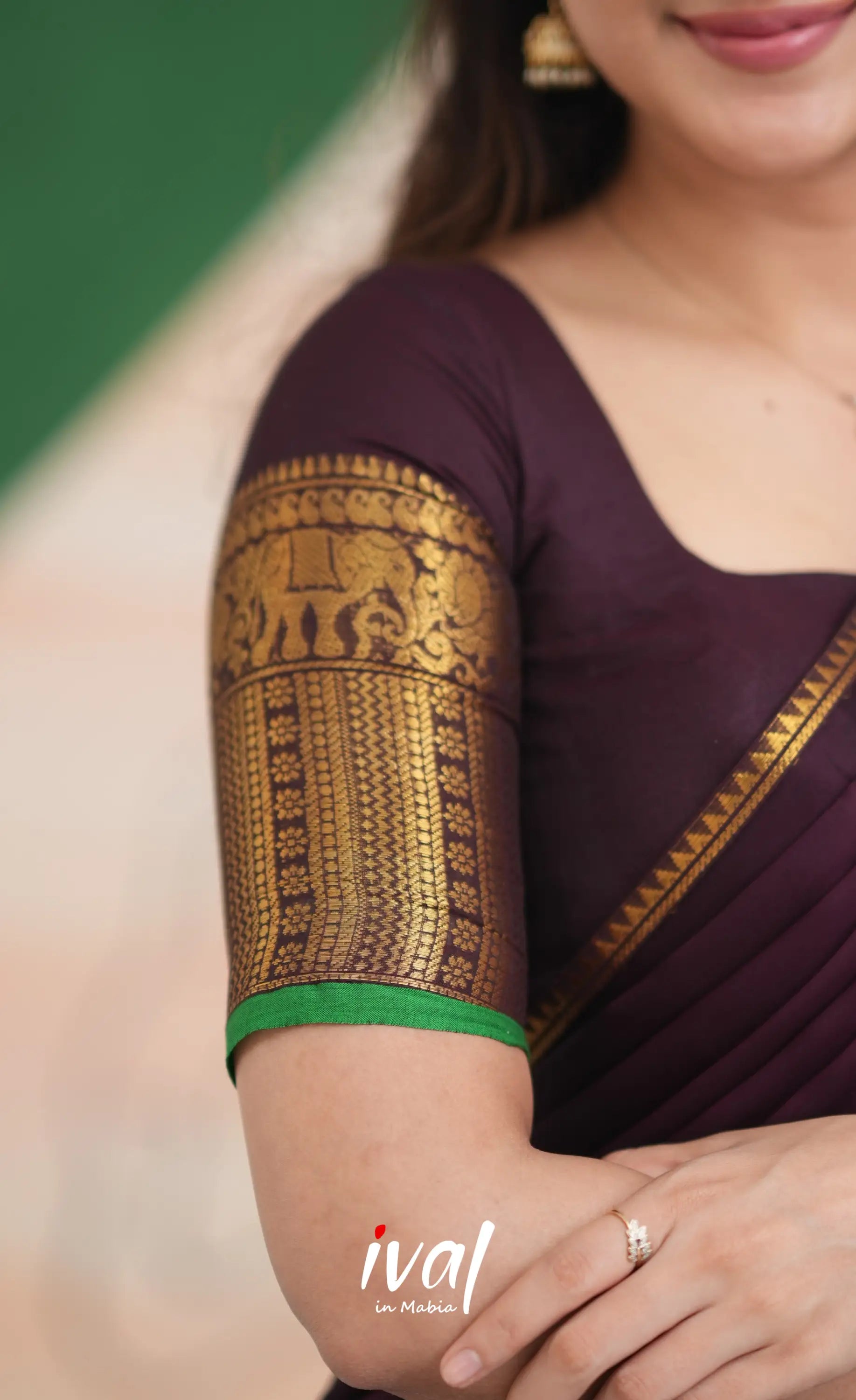 Padmaja Cotton Half Saree - Dark Plum and Leaf Green Half Sarees