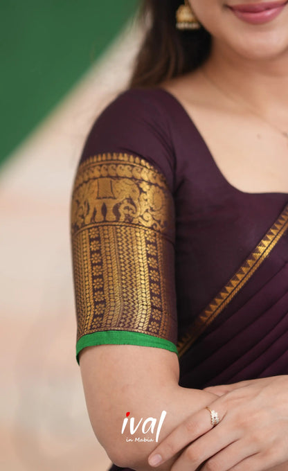 Padmaja Cotton Half Saree - Dark Plum and Leaf Green Half Sarees