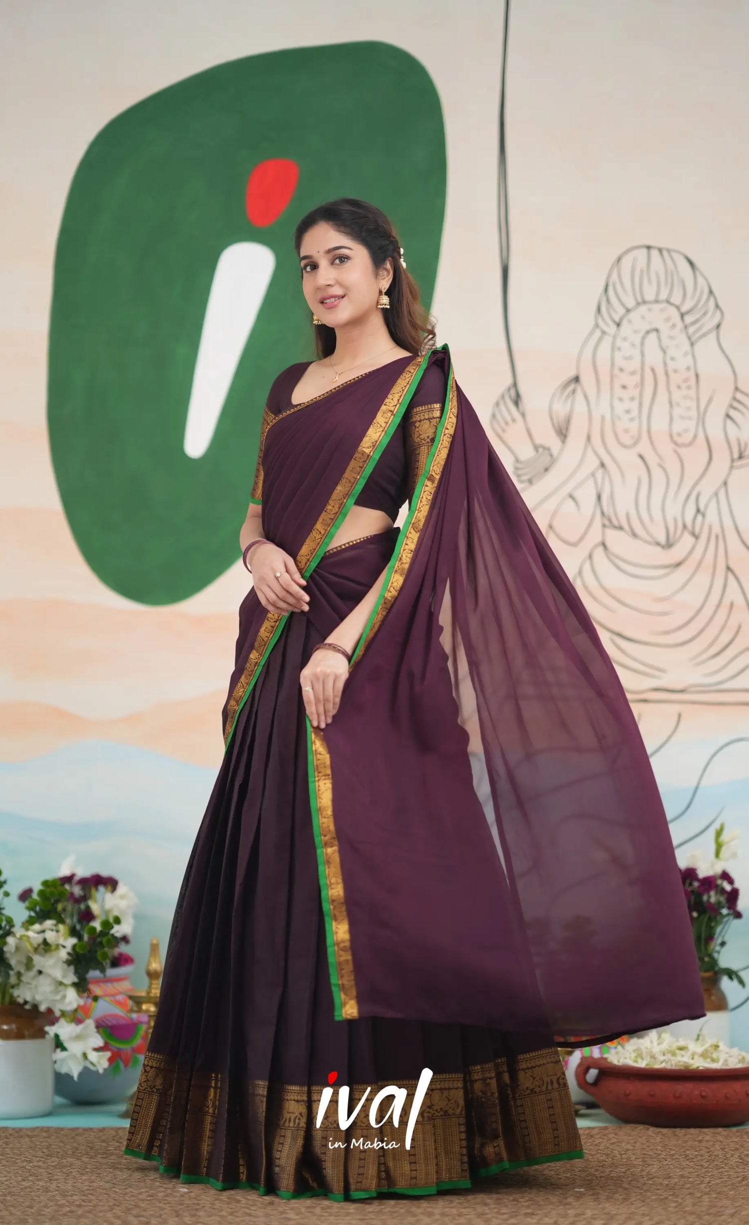 Padmaja Cotton Half Saree - Dark Plum and Leaf Green Half Sarees