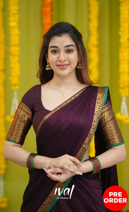 Padmaja Cotton Half Saree - Dark Wine and Leaf Green with option for Stretchable Blouse - Half Sarees