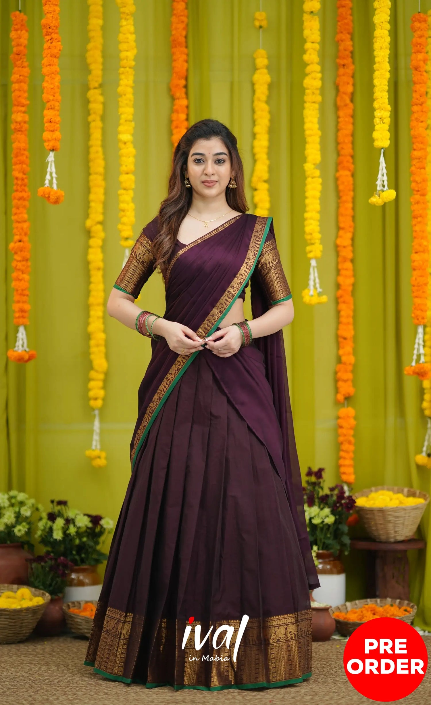 Padmaja Cotton Half Saree - Dark Wine and Leaf Green with option for Stretchable Blouse - Half Sarees