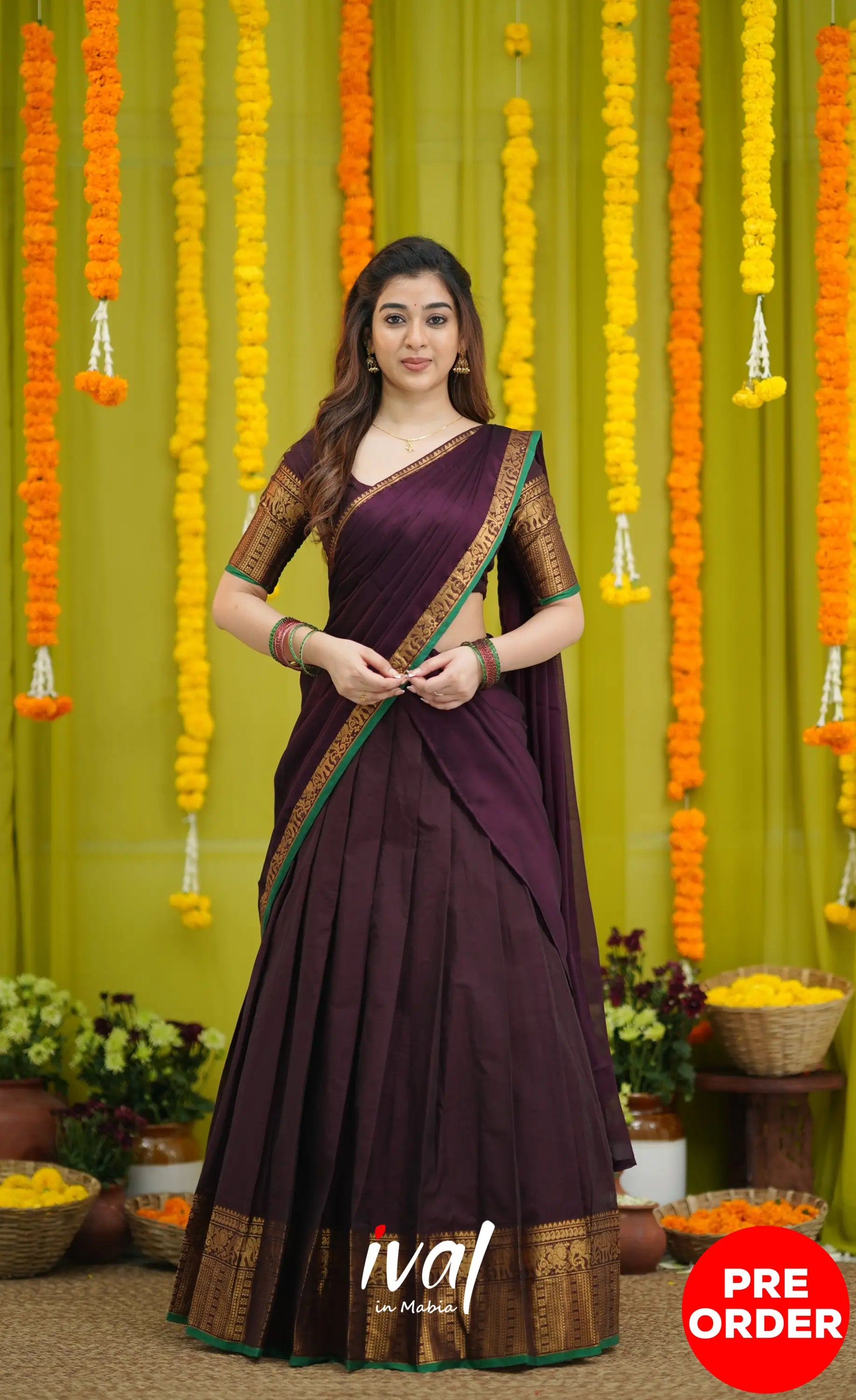 Padmaja Cotton Half Saree - Dark Wine and Leaf Green with option for Stretchable Blouse - Half Sarees