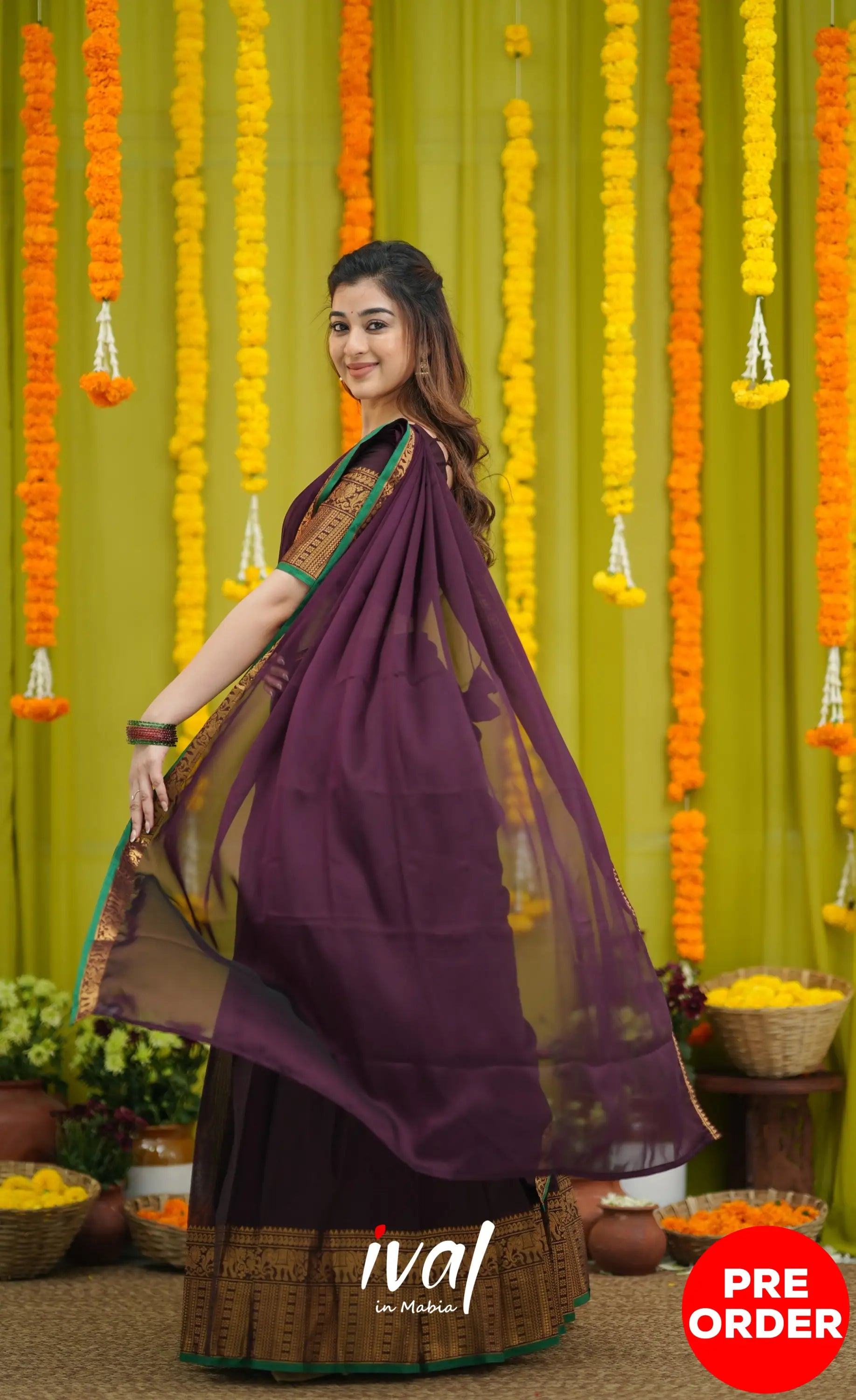 Padmaja Cotton Half Saree - Dark Wine and Leaf Green with option for Stretchable Blouse - Half Sarees