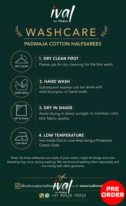 Padmaja Cotton Half Saree - Dark Wine and Leaf Green with option for Stretchable Blouse - Half Sarees