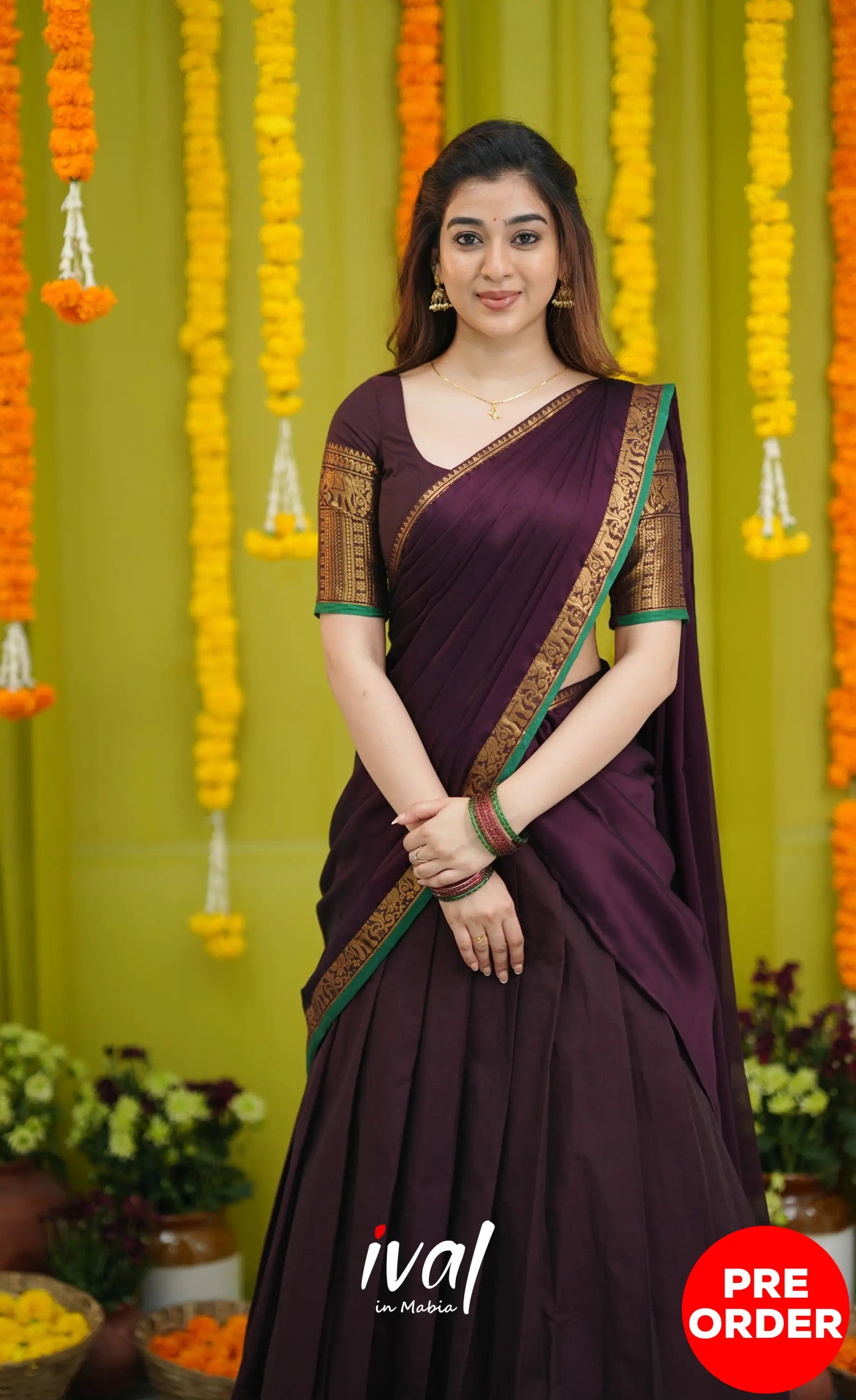 Padmaja Cotton Half Saree - Dark Wine and Leaf Green with option for Stretchable Blouse - Half Sarees