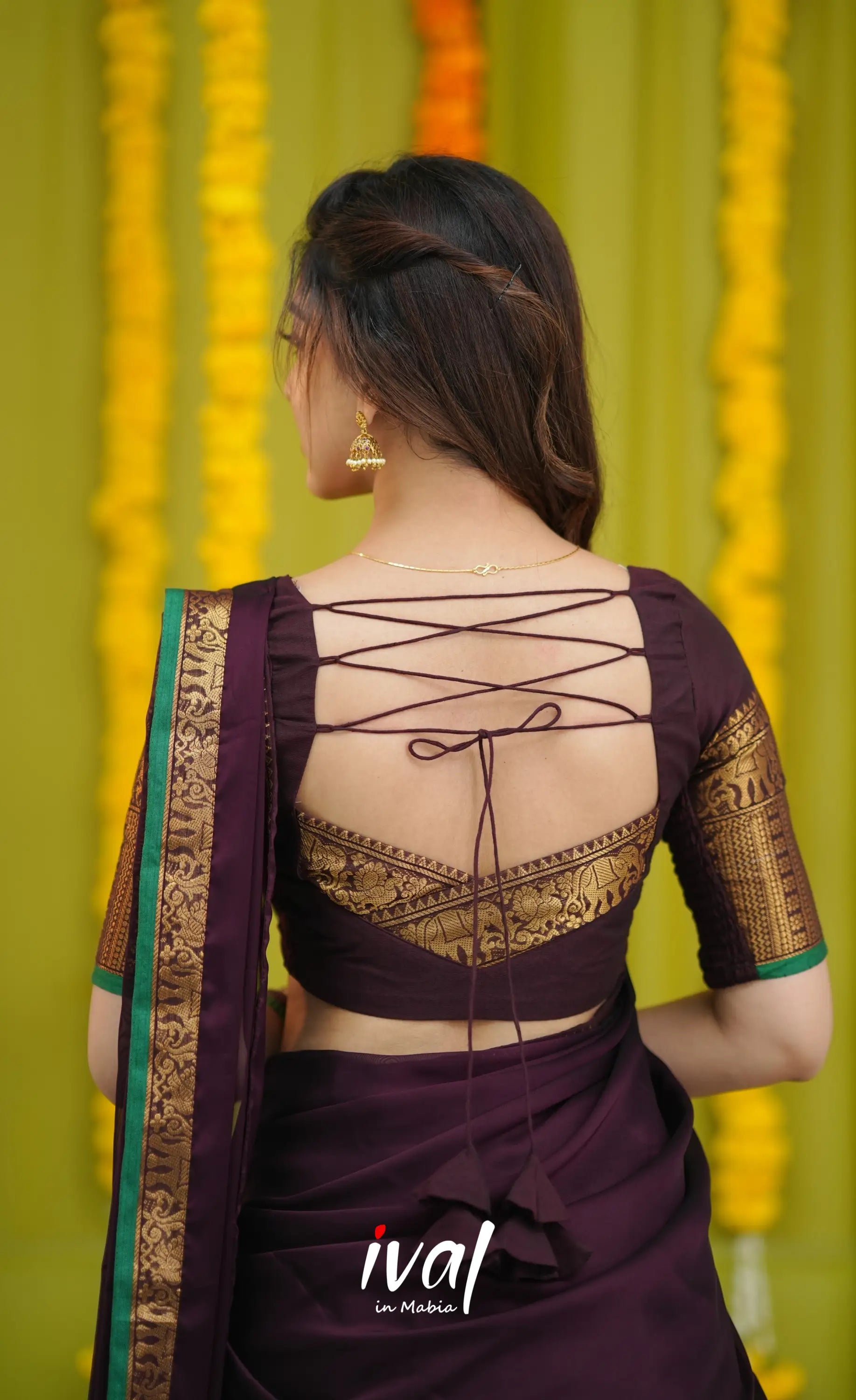Padmaja Cotton Half Saree - Dark Wine and Leaf Green with option for Stretchable Blouse - Half Sarees