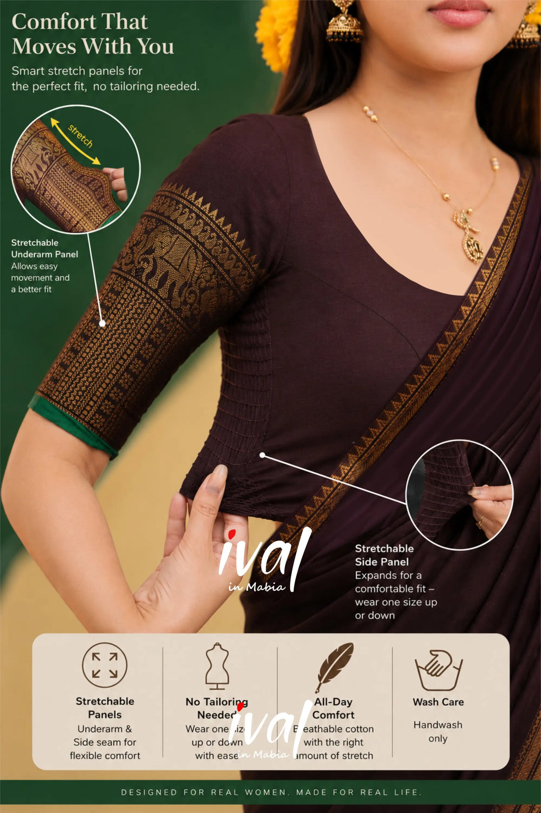 Padmaja Cotton Half Saree - Dark Wine and Leaf Green with option for Stretchable Blouse - Half Sarees