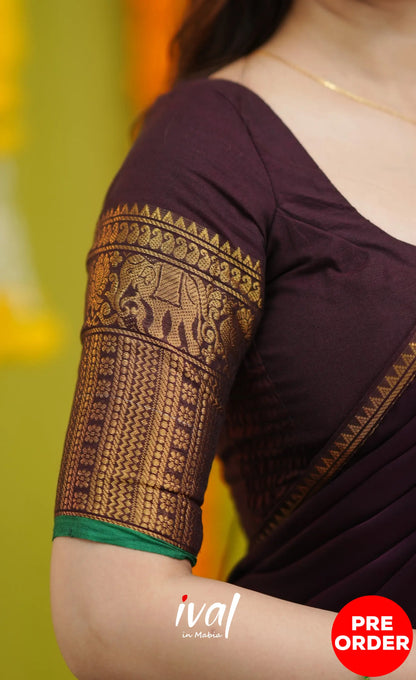 Padmaja Cotton Half Saree - Dark Wine and Leaf Green with option for Stretchable Blouse - Half Sarees