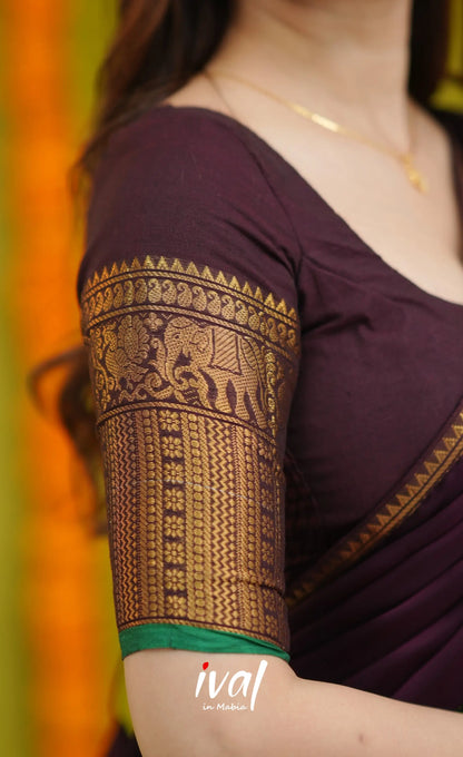 Padmaja Cotton Half Saree - Dark Wine and Leaf Green with option for Stretchable Blouse - Half Sarees