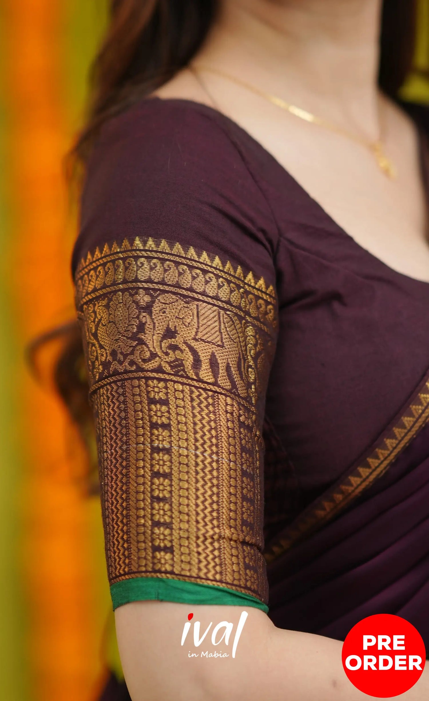 Padmaja Cotton Half Saree - Dark Wine and Leaf Green with option for Stretchable Blouse - Half Sarees