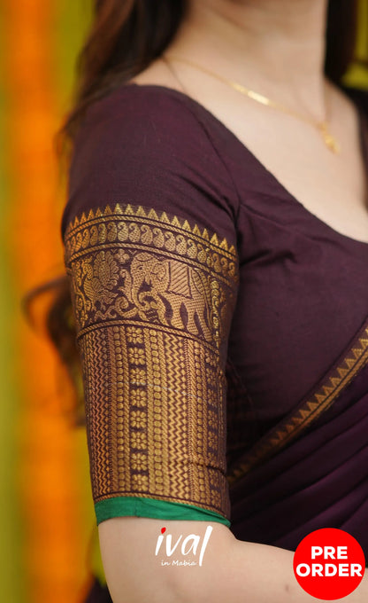Padmaja Cotton Half Saree - Dark Wine and Leaf Green with option for Stretchable Blouse - Half Sarees