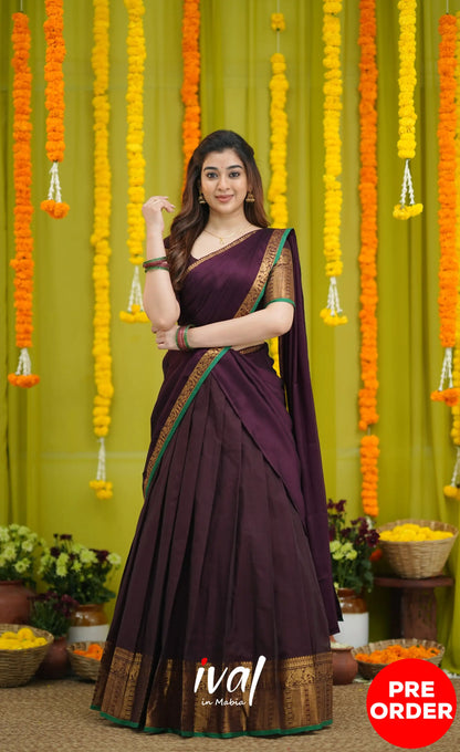 Padmaja Cotton Half Saree - Dark Wine and Leaf Green with option for Stretchable Blouse - Half Sarees