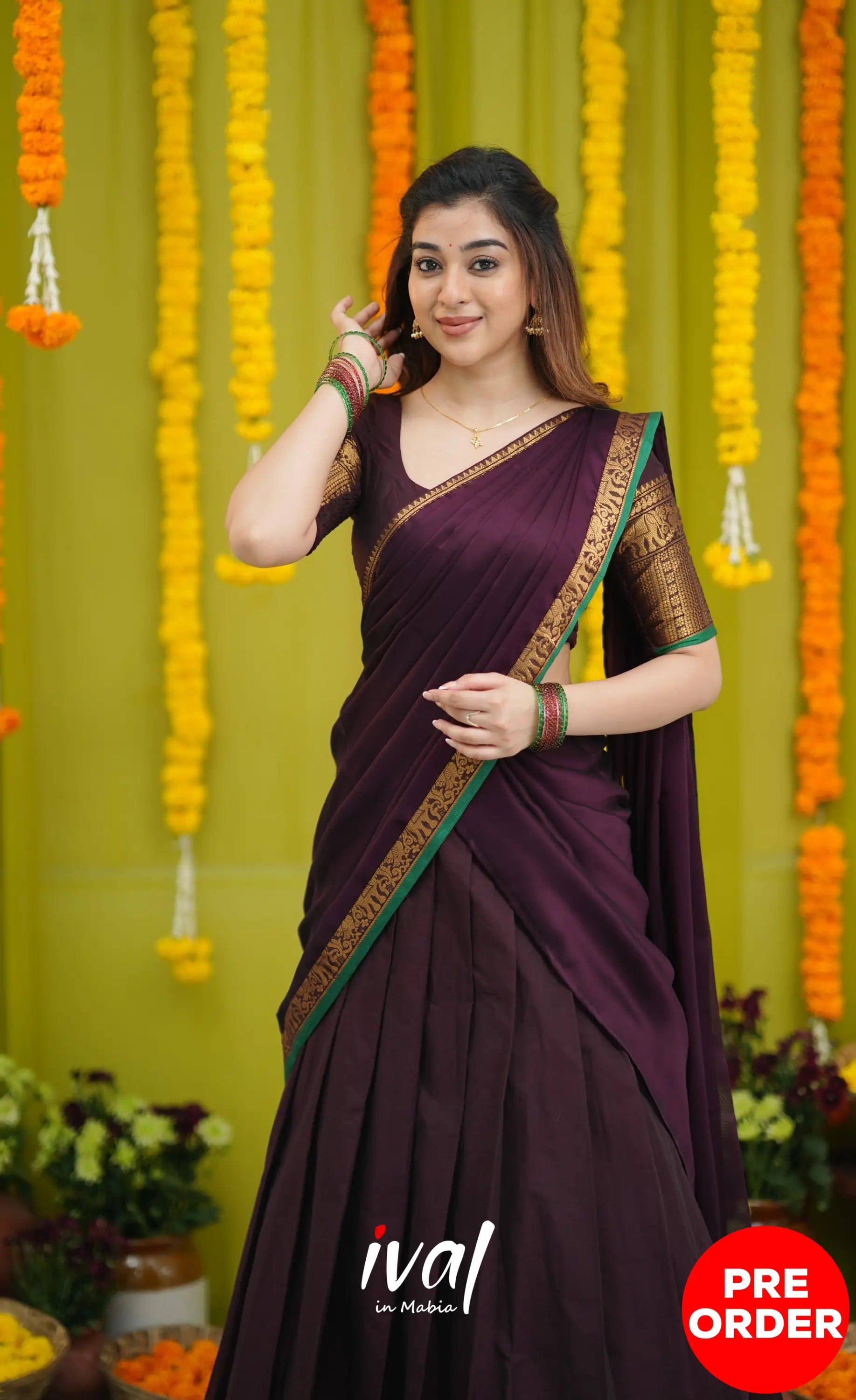 Padmaja Cotton Half Saree - Dark Wine and Leaf Green with option for Stretchable Blouse - Half Sarees