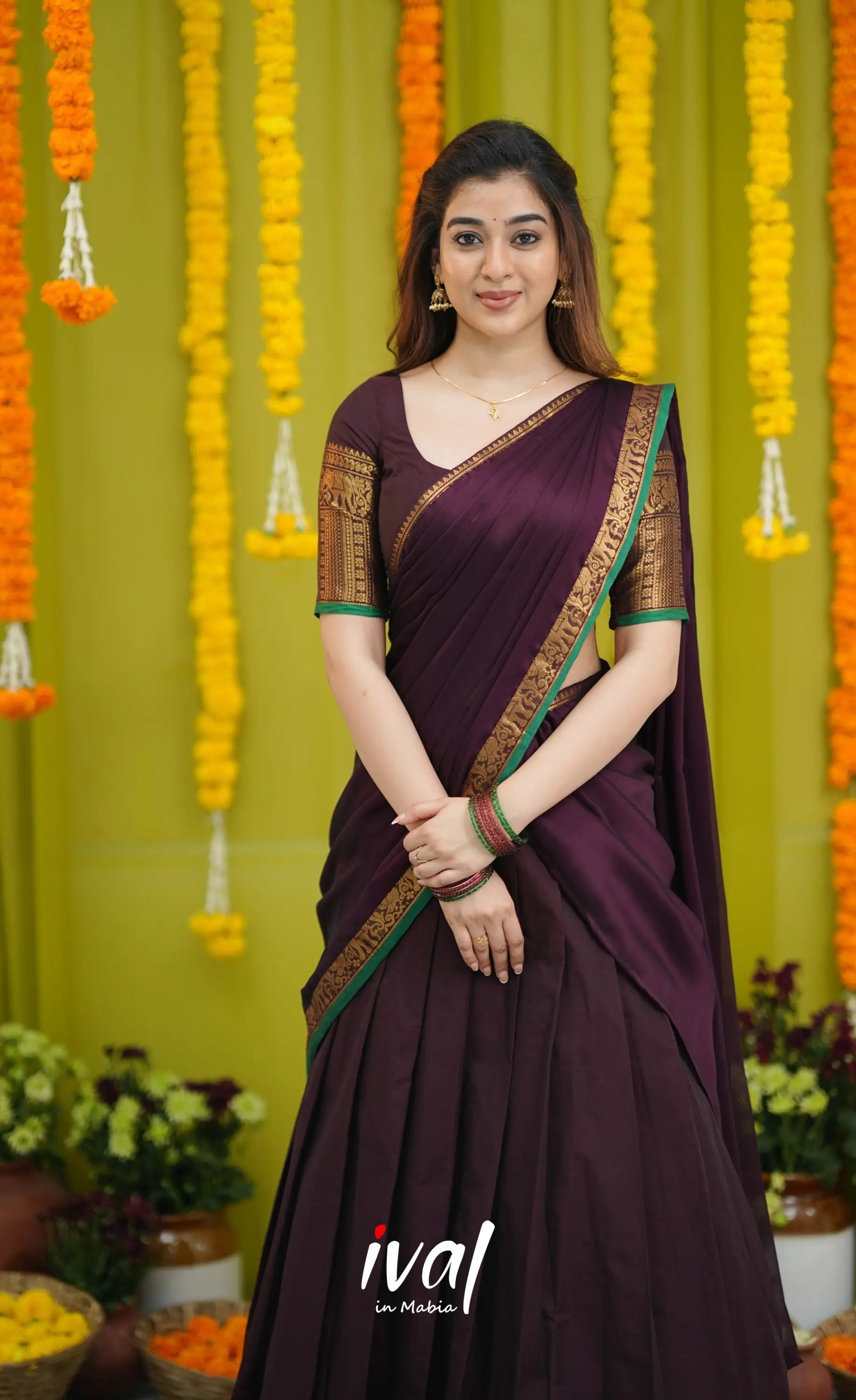 Padmaja Cotton Half Saree - Dark Wine and Leaf Green with option for Stretchable Blouse - Half Sarees