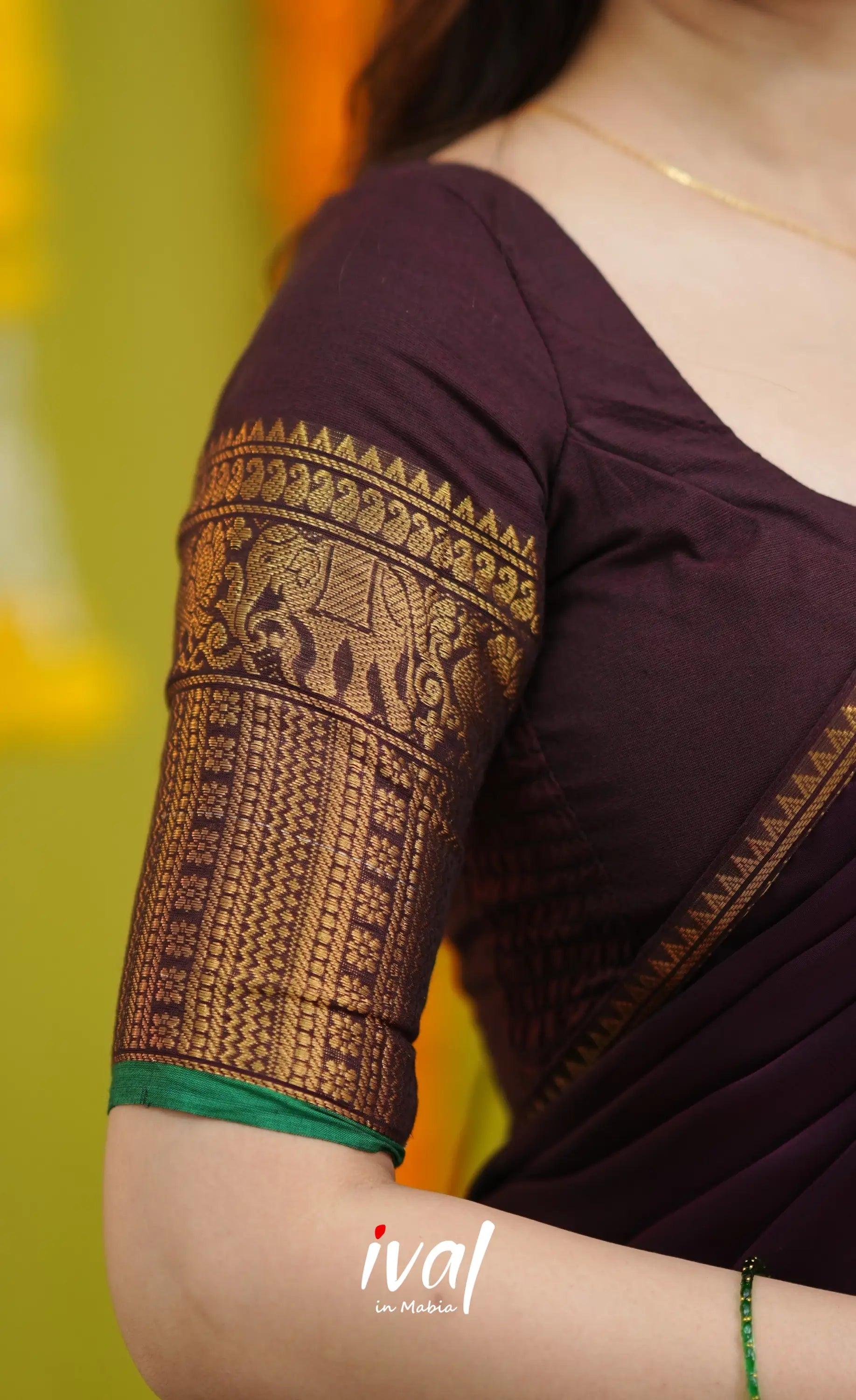 Padmaja Cotton Half Saree - Dark Wine and Leaf Green with option for Stretchable Blouse - Half Sarees