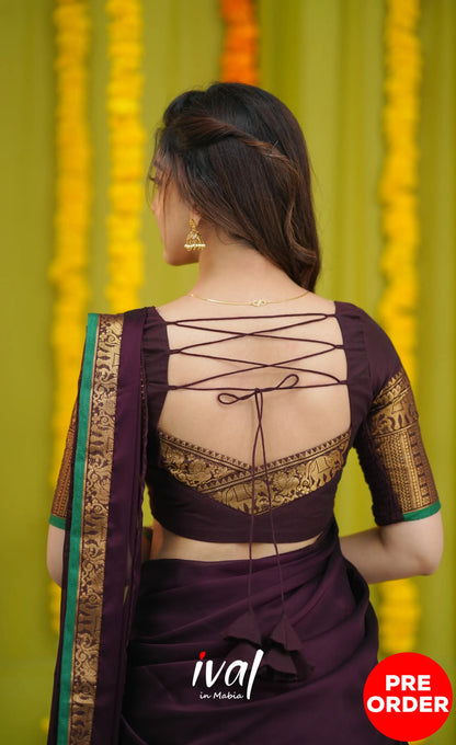 Padmaja Cotton Half Saree - Dark Wine and Leaf Green with option for Stretchable Blouse - Half Sarees