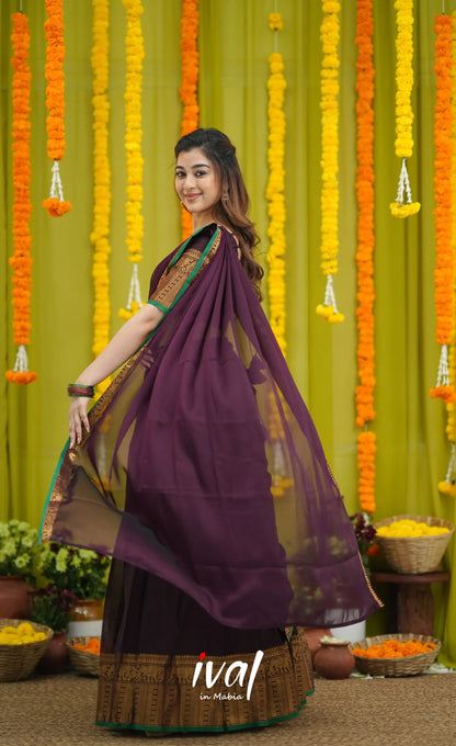 Padmaja Cotton Half Saree - Dark Wine and Leaf Green with option for Stretchable Blouse - Half Sarees