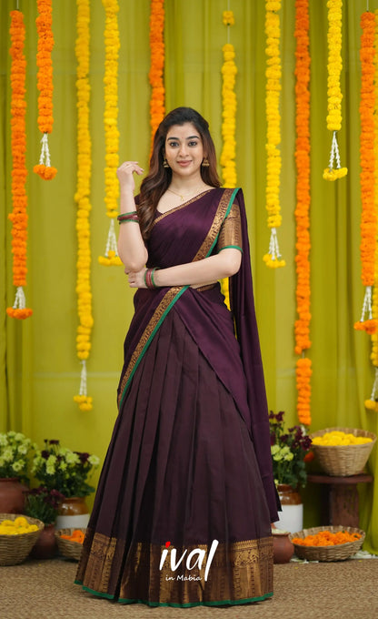 Padmaja Cotton Half Saree - Dark Wine and Leaf Green with option for Stretchable Blouse - Half Sarees