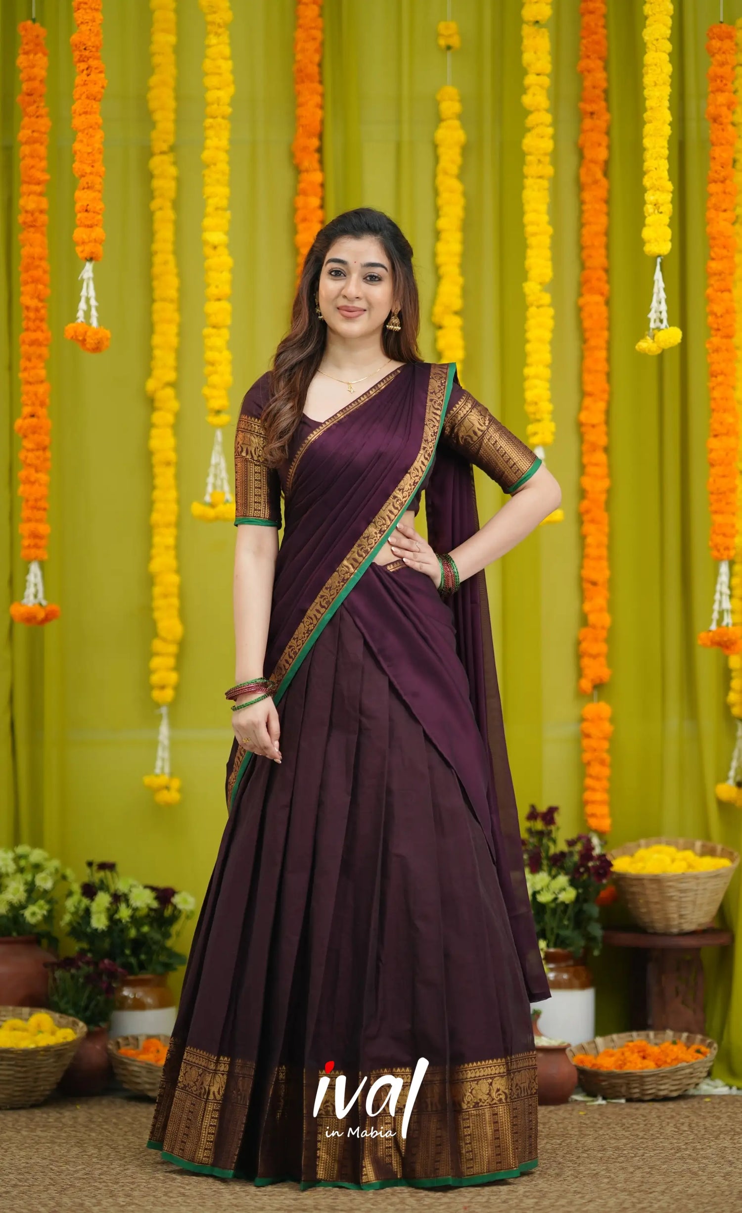 Padmaja Cotton Half Saree - Dark Wine and Leaf Green with option for Stretchable Blouse - Half Sarees