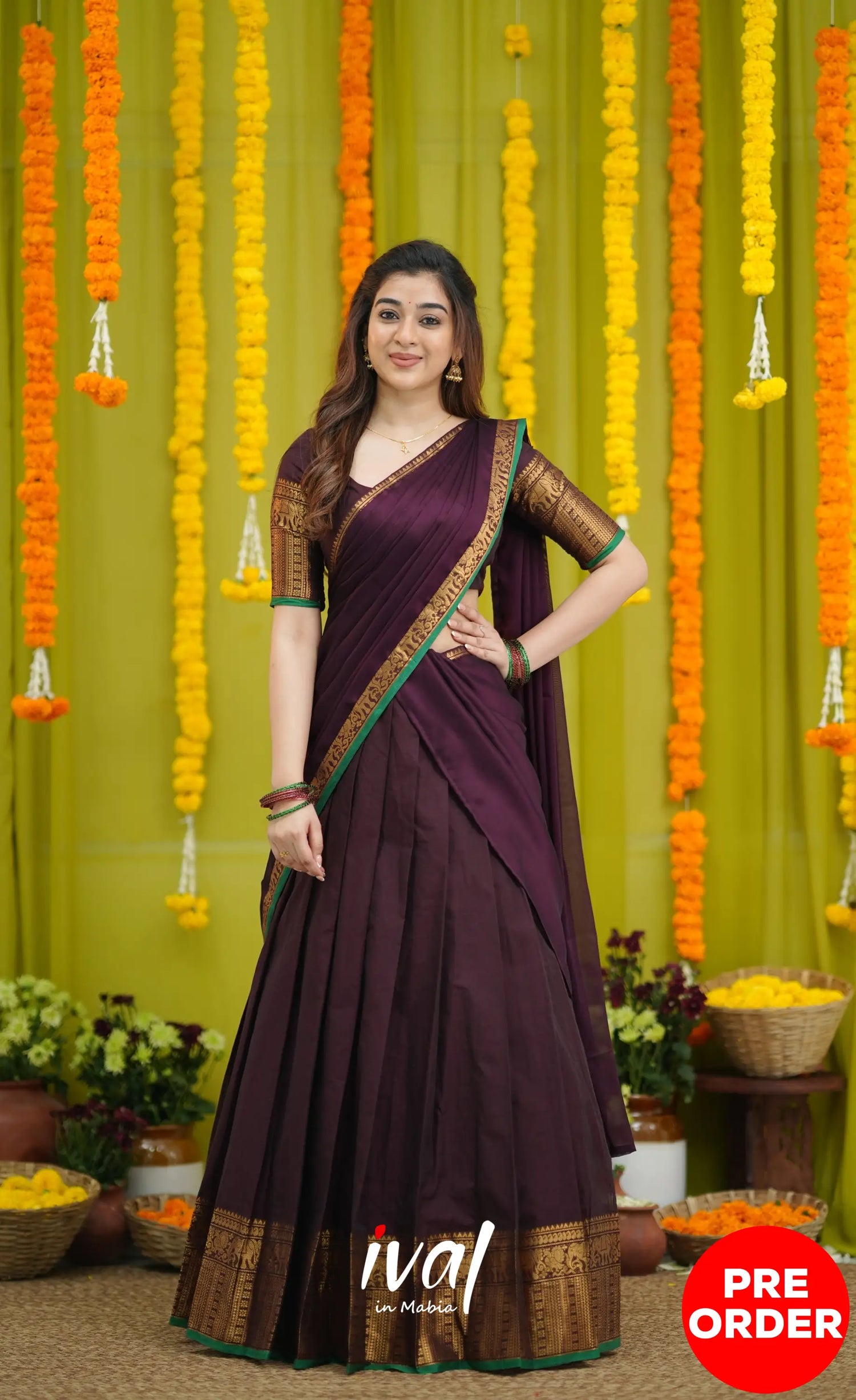 Padmaja Cotton Half Saree - Dark Wine and Leaf Green with option for Stretchable Blouse - Half Sarees