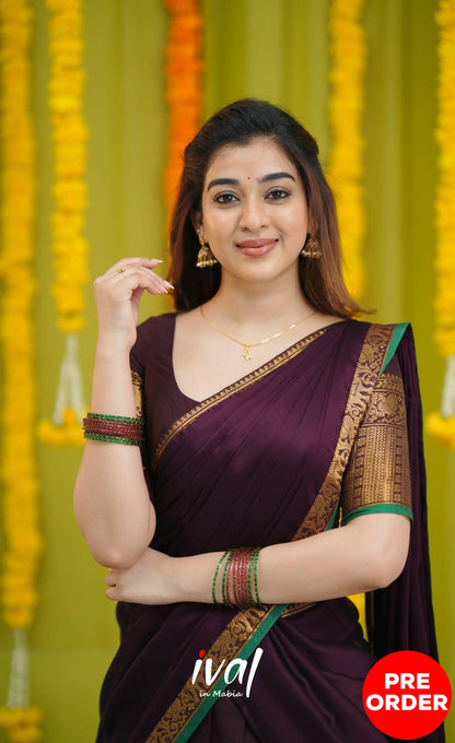 Padmaja Cotton Half Saree - Dark Wine and Leaf Green with option for Stretchable Blouse - Half Sarees