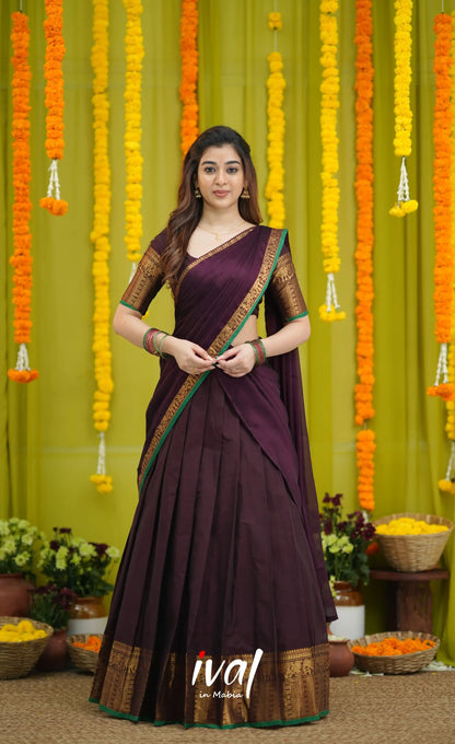 Padmaja Cotton Half Saree - Dark Wine and Leaf Green with option for Stretchable Blouse - Half Sarees