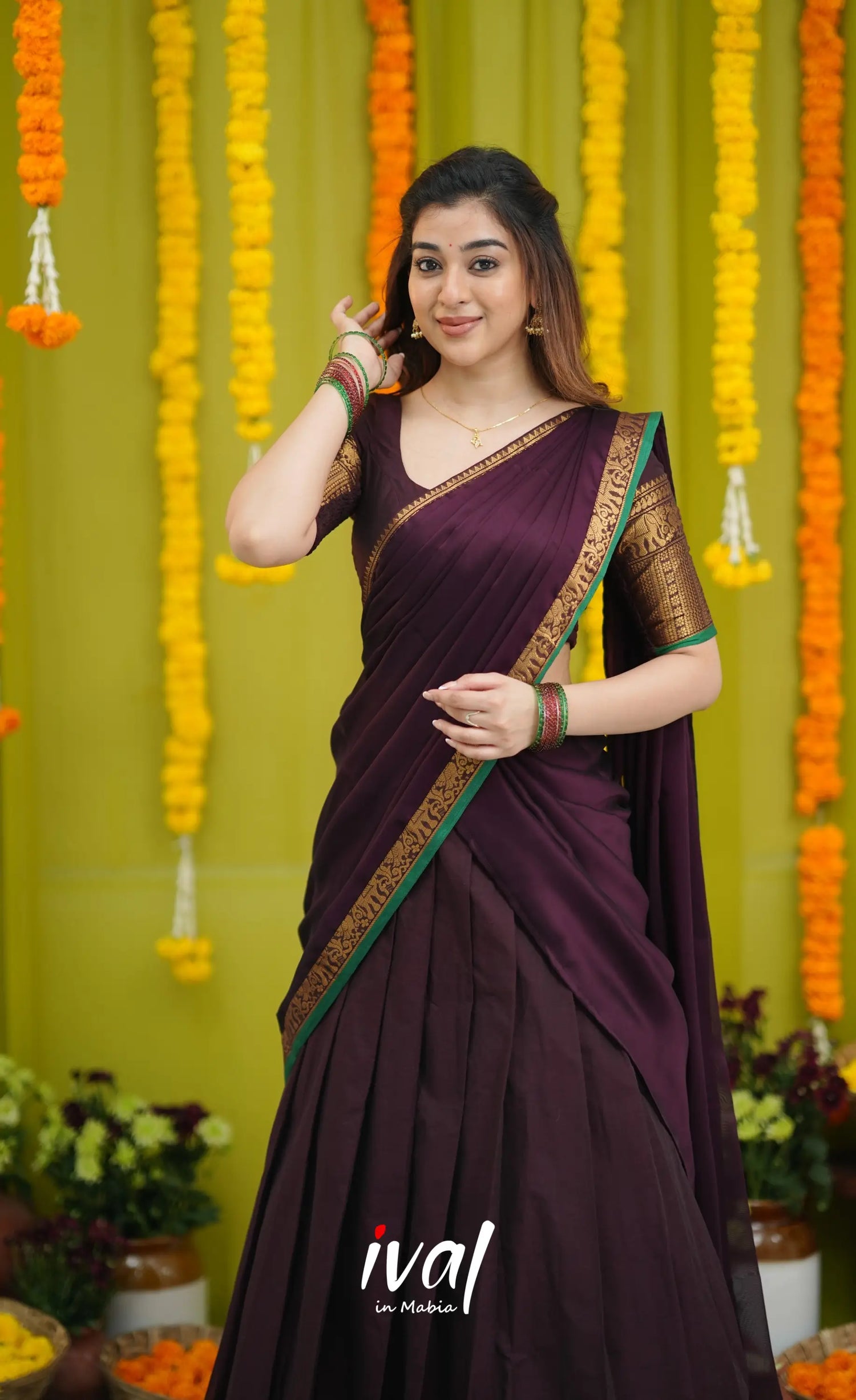 Padmaja Cotton Half Saree - Dark Wine and Leaf Green with option for Stretchable Blouse - Half Sarees