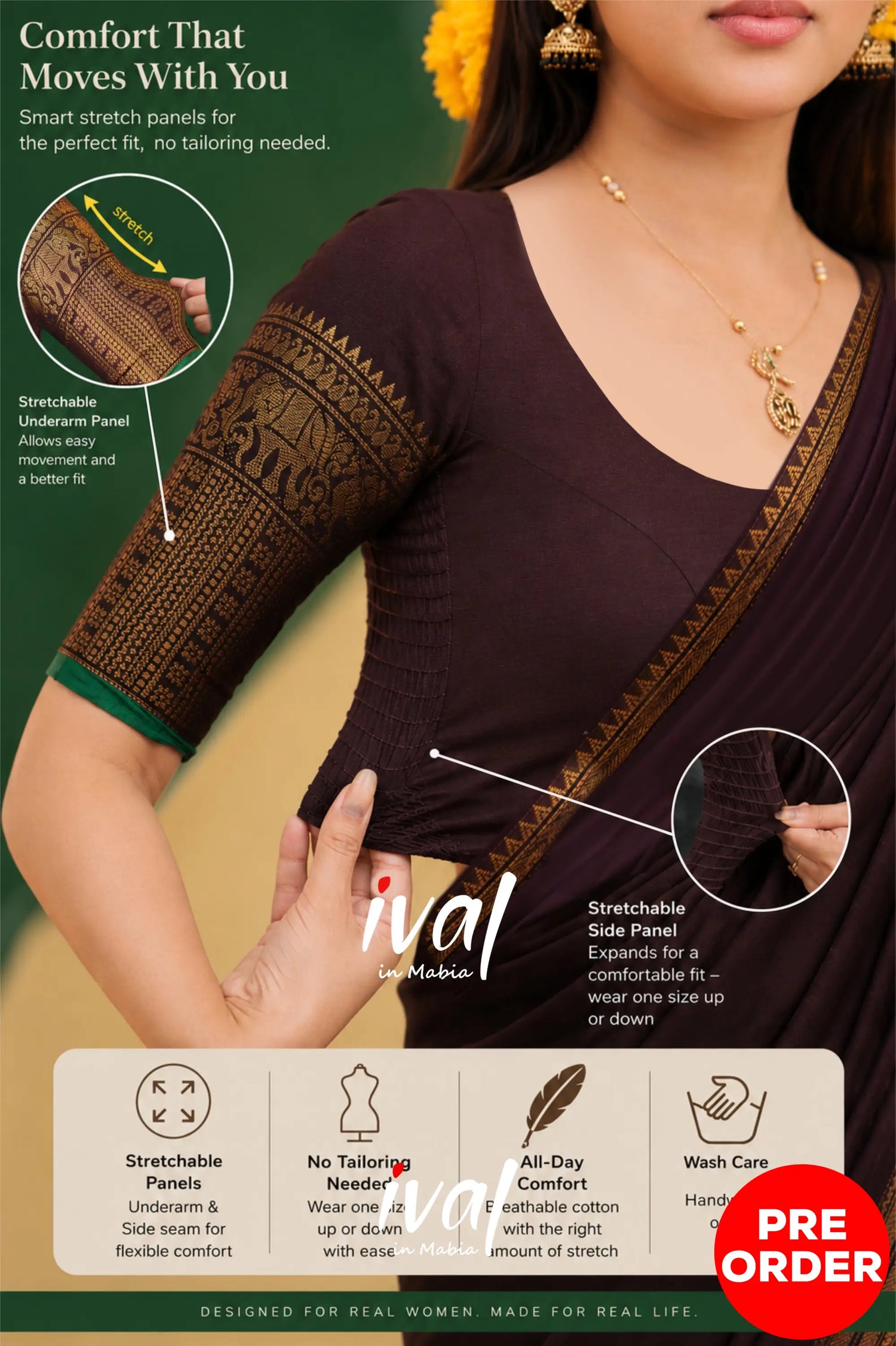 Padmaja Cotton Half Saree - Dark Wine and Leaf Green with option for Stretchable Blouse - Half Sarees