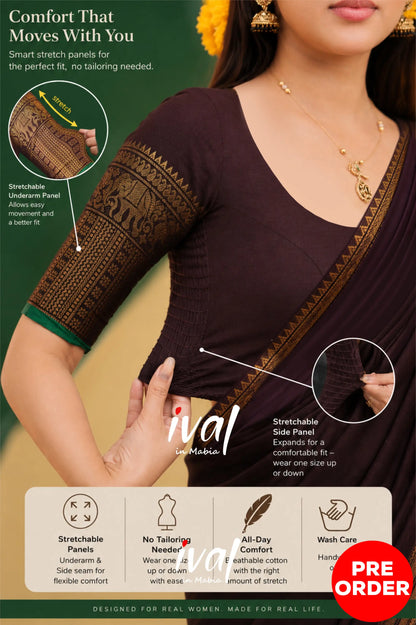 Padmaja Cotton Half Saree - Dark Wine and Leaf Green with option for Stretchable Blouse - Half Sarees