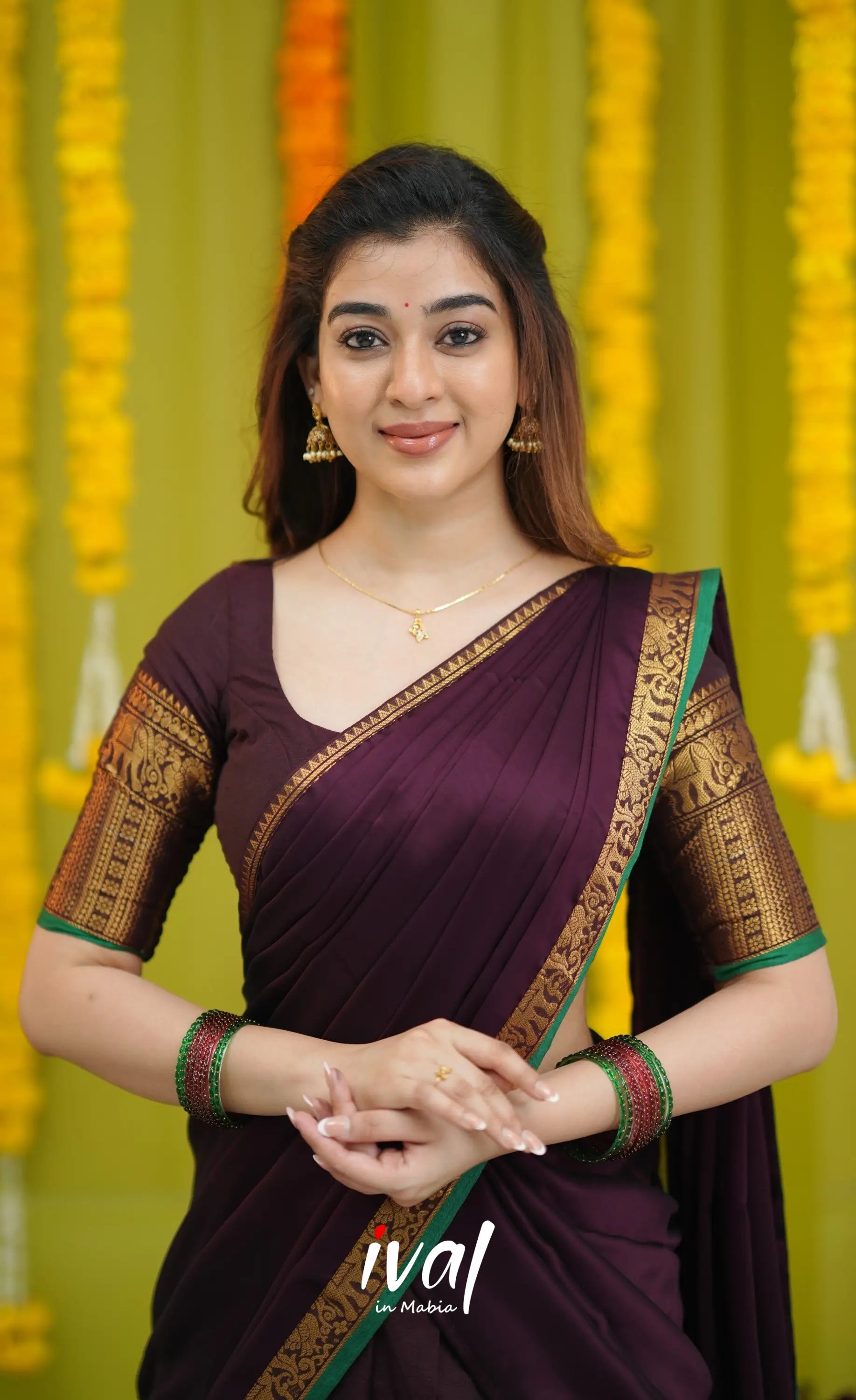 Padmaja Cotton Half Saree - Dark Wine and Leaf Green with option for Stretchable Blouse - Half Sarees