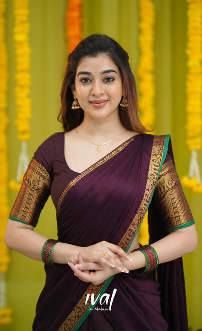 Padmaja Cotton Half Saree - Dark Wine and Leaf Green with option for Stretchable Blouse - Half Sarees
