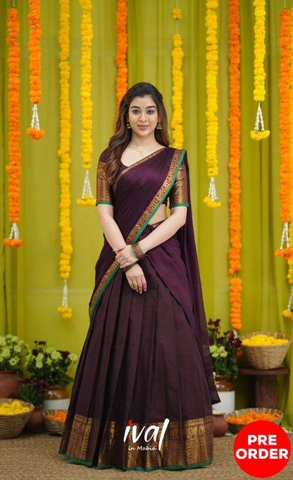 Padmaja Cotton Half Saree - Dark Wine and Leaf Green with option for Stretchable Blouse - Half Sarees