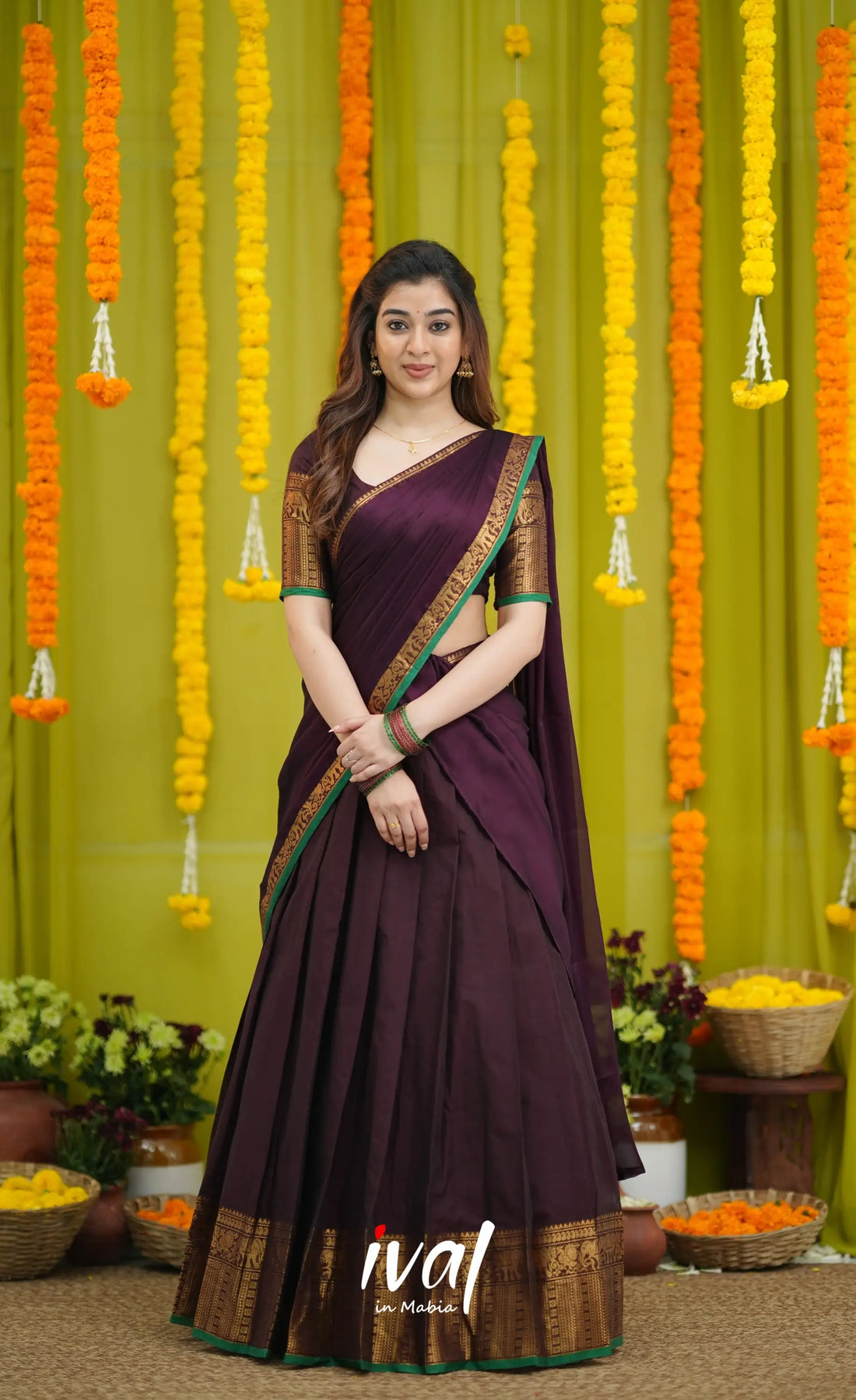 Padmaja Cotton Half Saree - Dark Wine and Leaf Green with option for Stretchable Blouse - Half Sarees