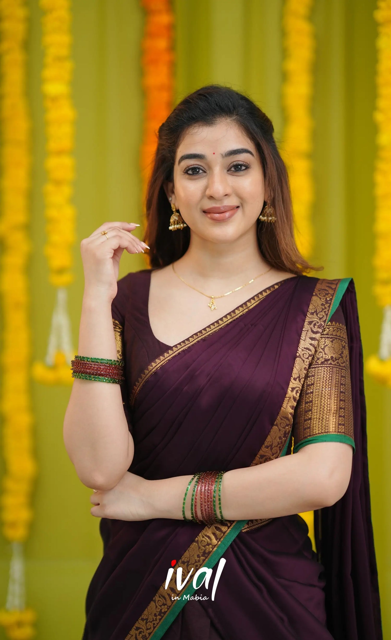 Padmaja Cotton Half Saree - Dark Wine and Leaf Green with option for Stretchable Blouse - Half Sarees