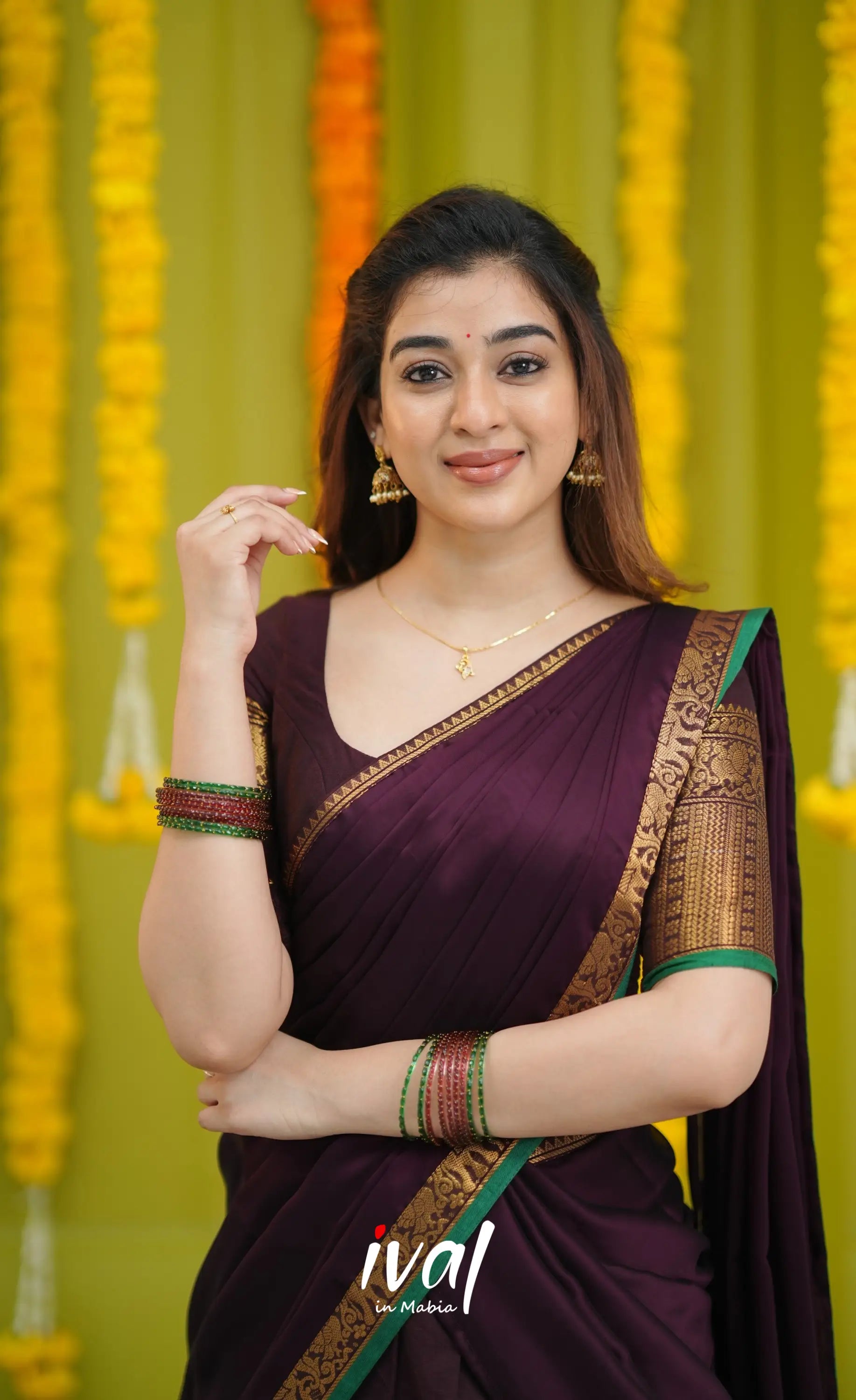 Padmaja Cotton Half Saree - Dark Wine and Leaf Green with option for Stretchable Blouse - Half Sarees