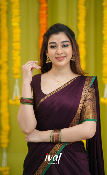 Padmaja Cotton Half Saree - Dark Wine and Leaf Green with option for Stretchable Blouse - Half Sarees