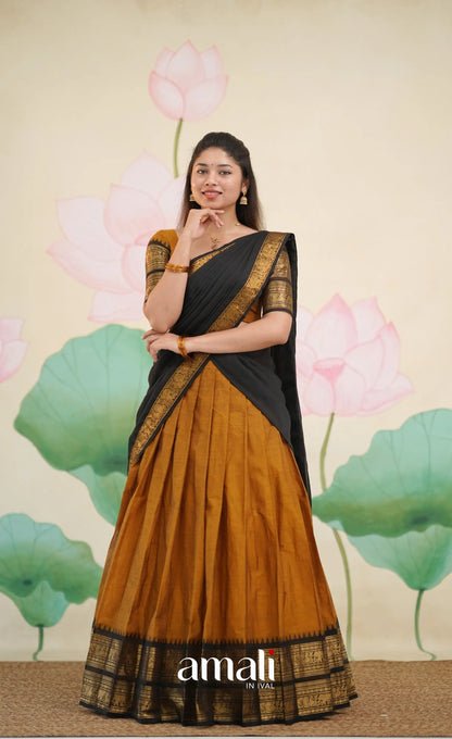 Padmaja Cotton Half Saree - Deep mustard and Black - Half Sarees