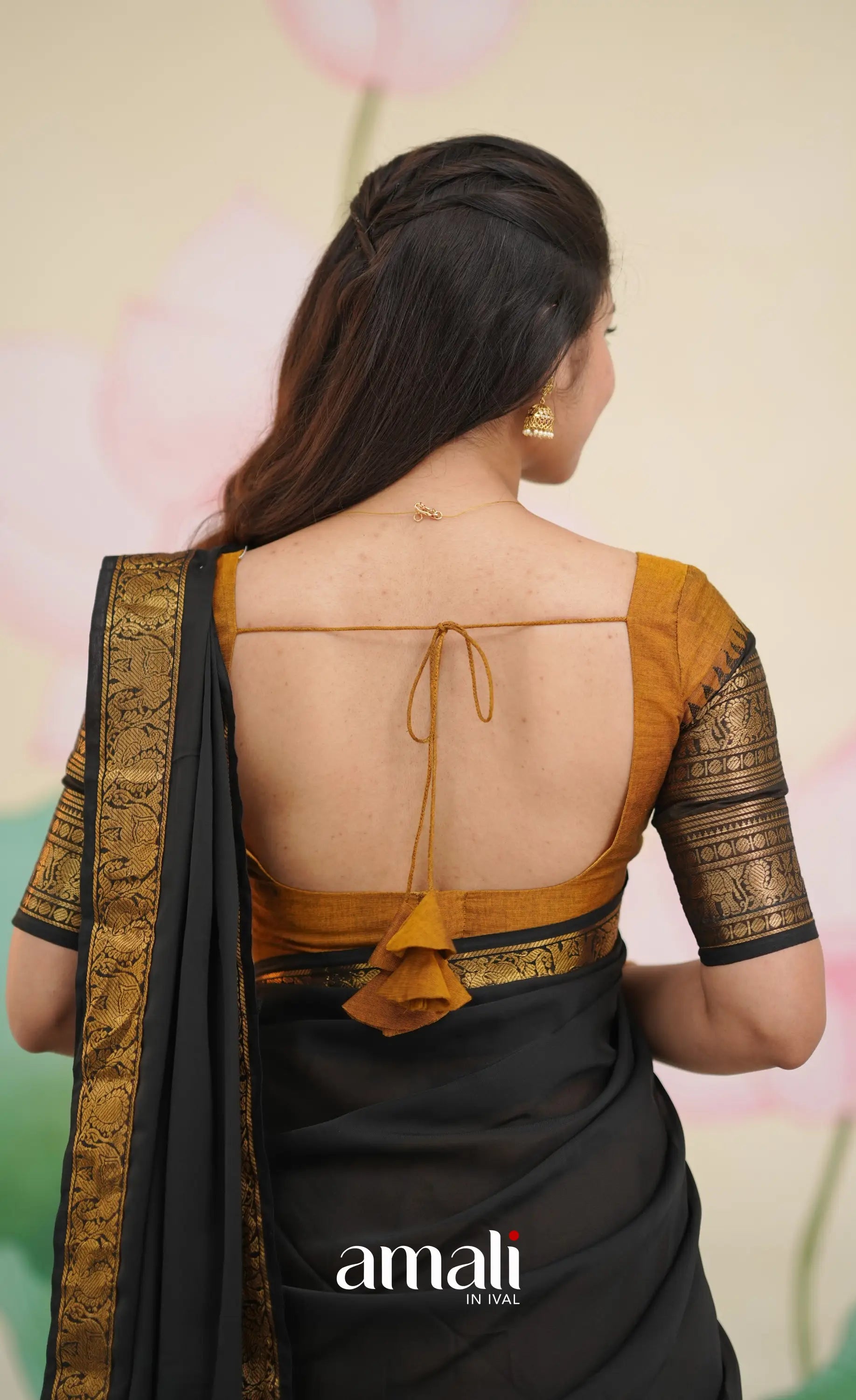 Padmaja Cotton Half Saree - Deep mustard and Black - Half Sarees