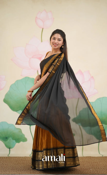 Padmaja Cotton Half Saree - Deep mustard and Black - Half Sarees