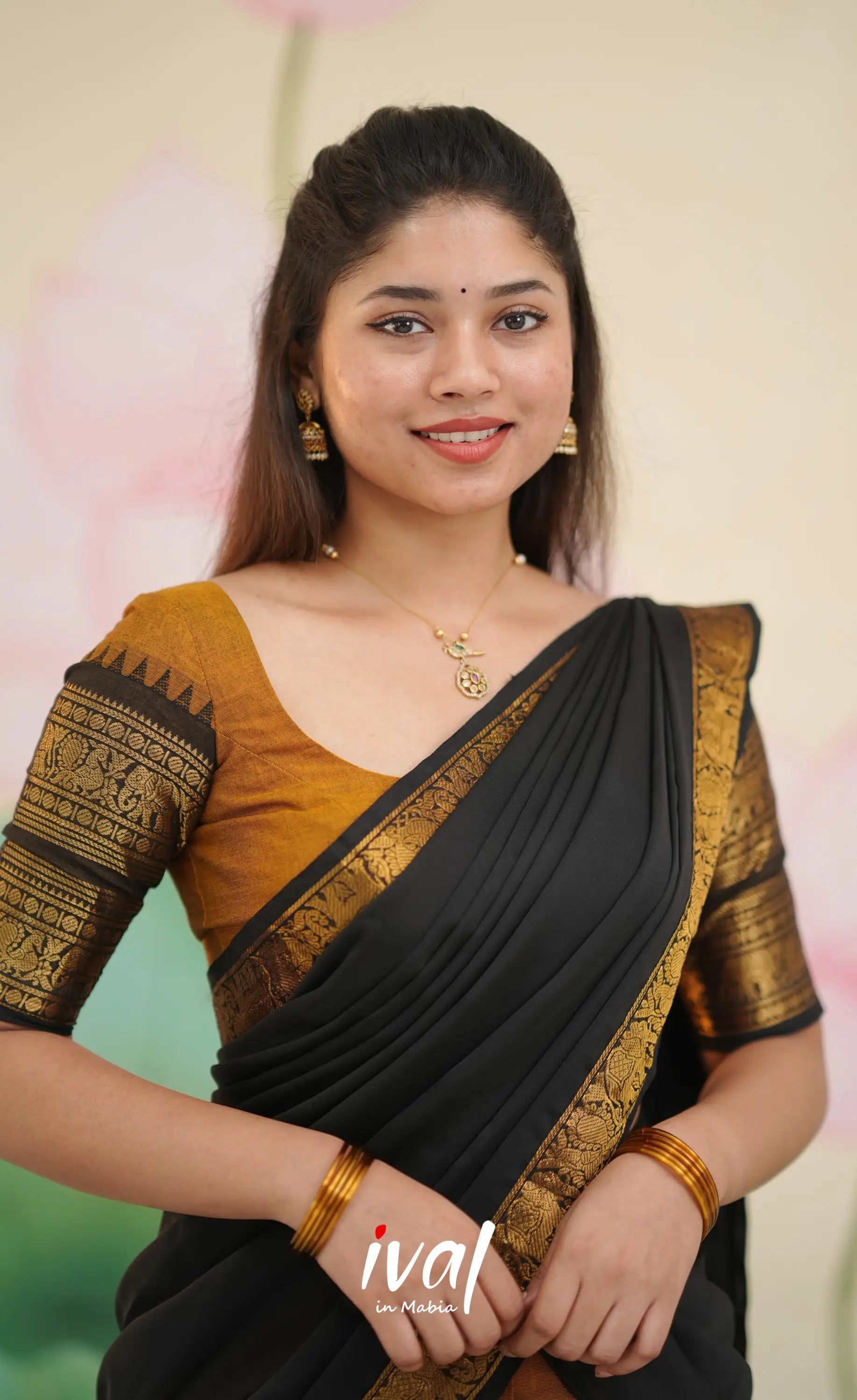 Padmaja Cotton Half Saree - Deep mustard and Black - Half Sarees