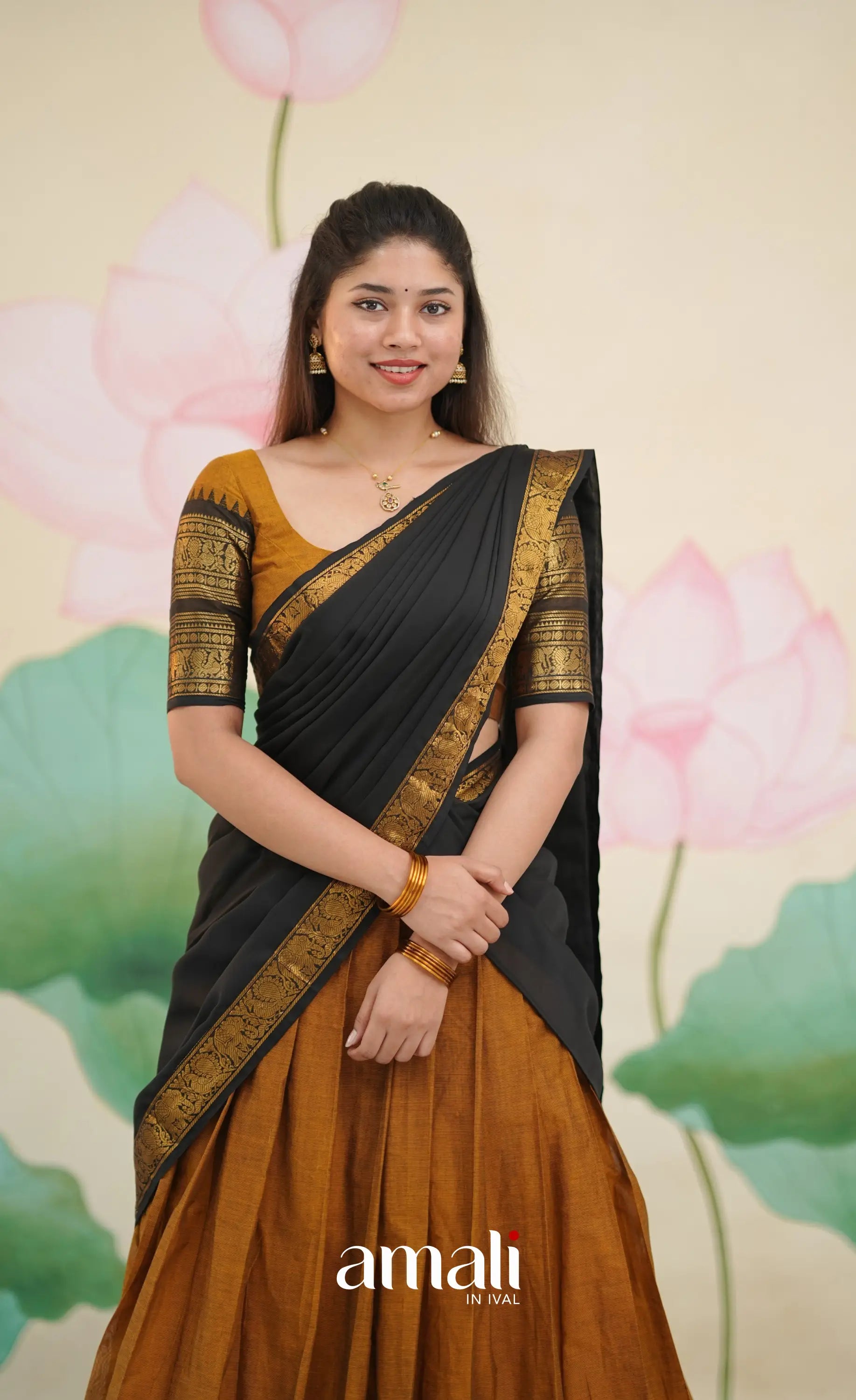 Padmaja Cotton Half Saree - Deep mustard and Black - Half Sarees