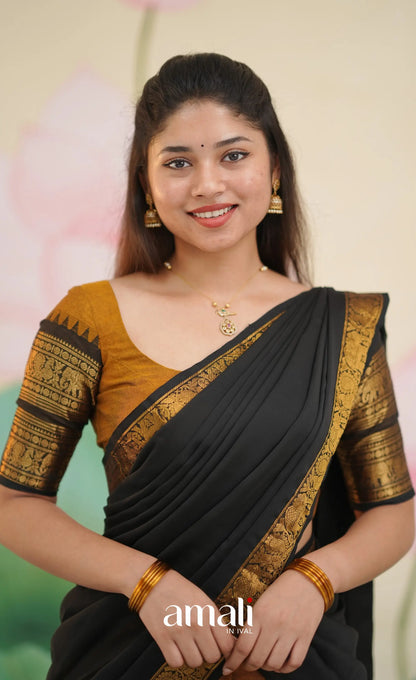 Padmaja Cotton Half Saree - Deep mustard and Black - Half Sarees