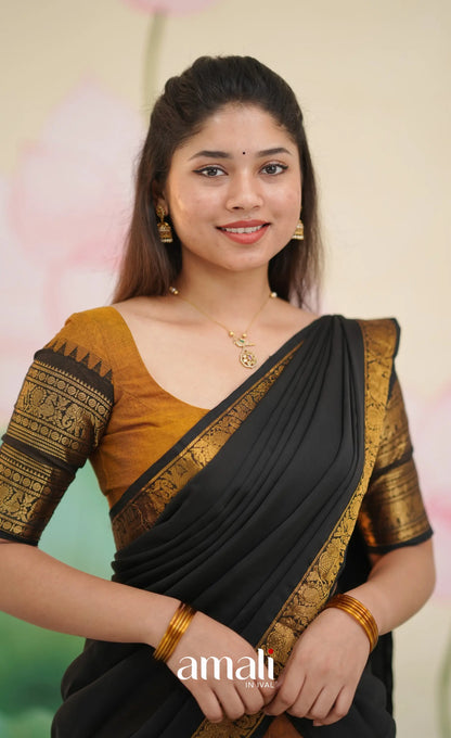 Padmaja Cotton Half Saree - Deep mustard and Black - Half Sarees
