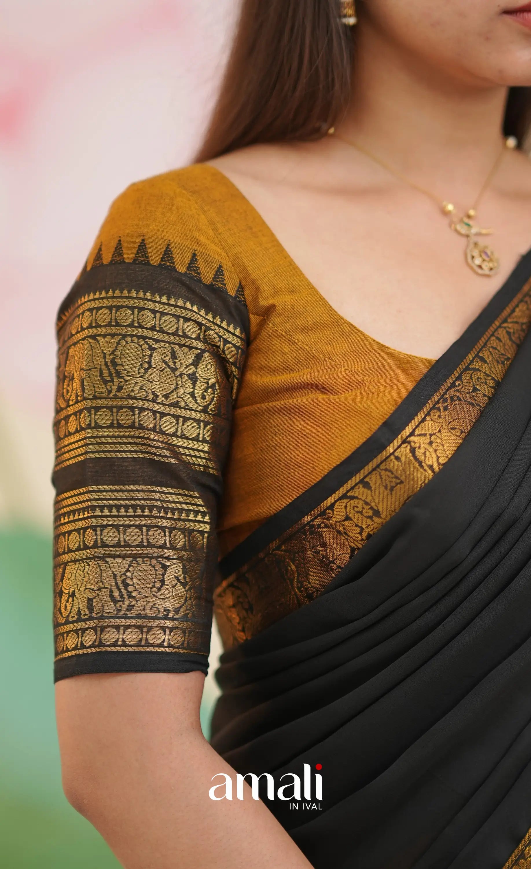 Padmaja Cotton Half Saree - Deep mustard and Black - Half Sarees