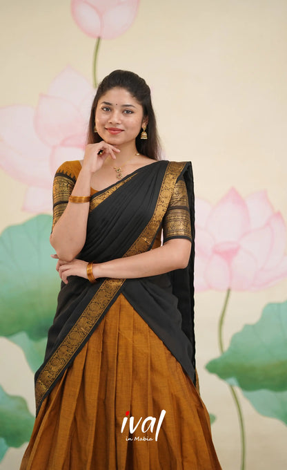 Padmaja Cotton Half Saree - Deep mustard and Black - Half Sarees