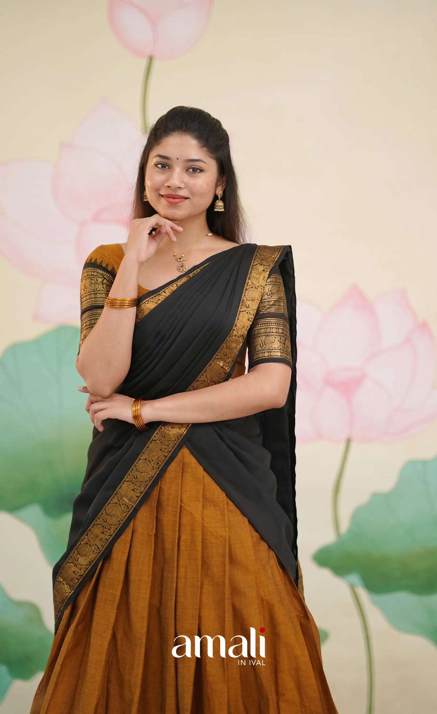 Padmaja Cotton Half Saree - Deep mustard and Black - Half Sarees