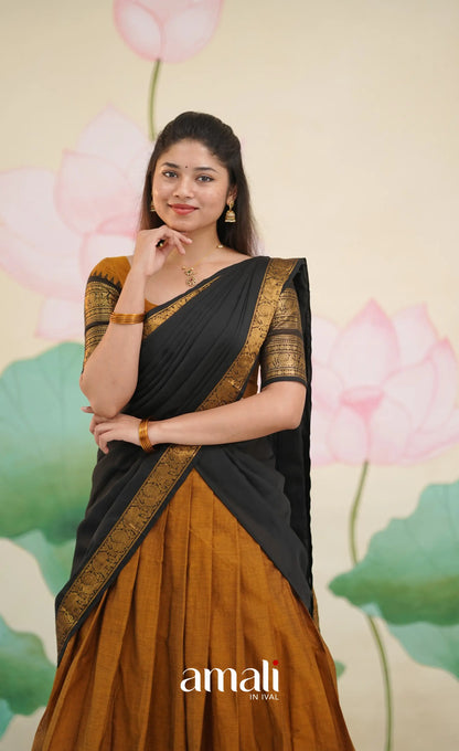 Padmaja Cotton Half Saree - Deep mustard and Black - Half Sarees